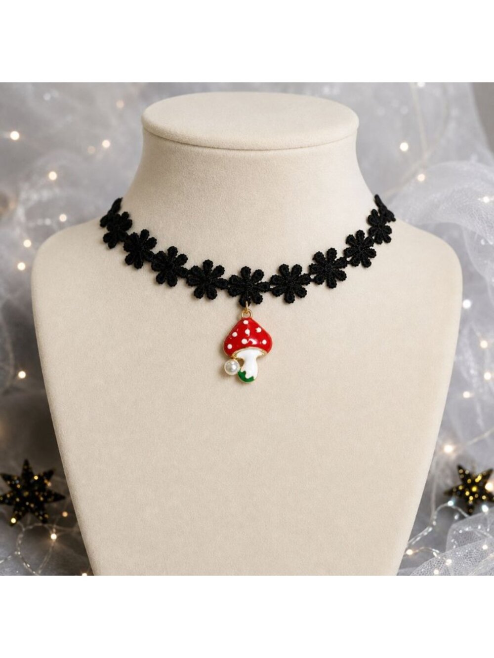 Flower Shaped Black Lace Choker Necklace with Whimsical Woodland Mushroom